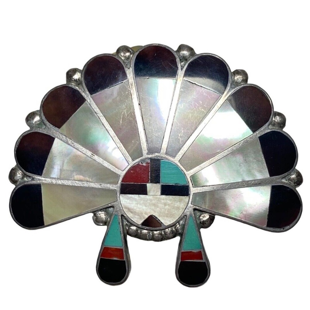 1970’s Zuni Sun Face, Sun God Pin, MOP, Turquoise, Black Onyx, Coral, White Onyx